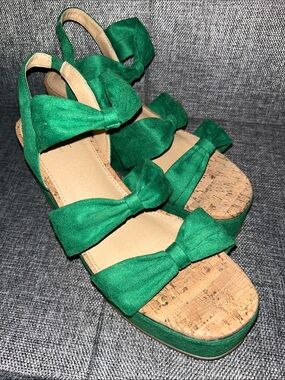 Emerald Green Bow Platform Wedge Sandals for Women